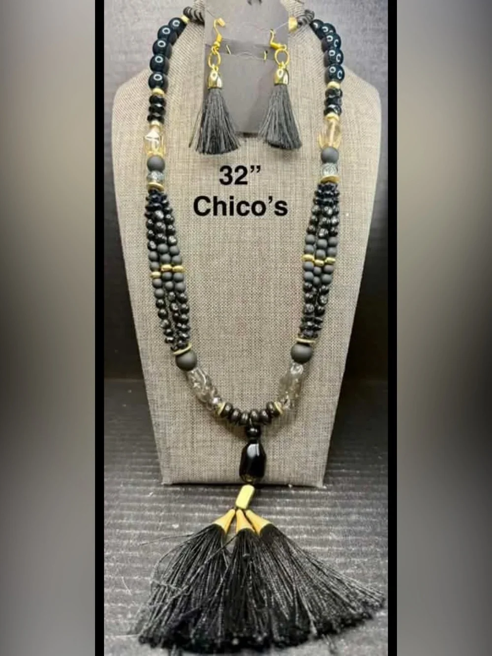 Chico's Black and Gold Beaded Tassel Pendant Necklace with Earrings